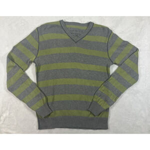 Womens Long Sleeve Sweater Green Gray Preppy V-Neck Size Medium 100% Cotton Y2K